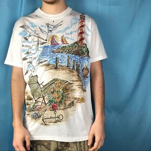 Vintage 90s airbrush beach and lighthouse tee
